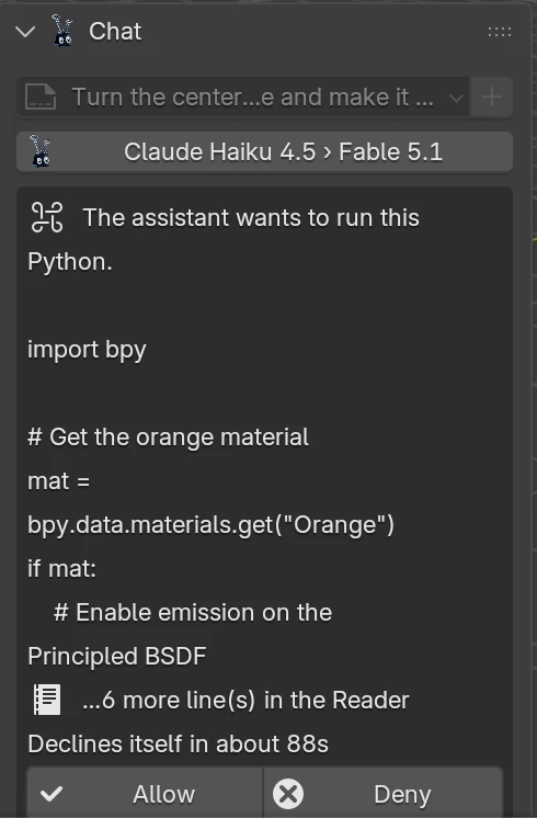 The panel asking 'The assistant wants to run this Python', showing the first lines of code, a countdown reading Declines itself in about 88 seconds, and Allow and Deny buttons.