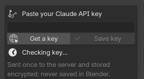 The key box while the key is checked: the field is empty, Save key is grayed out, and a clock icon reads Checking key…