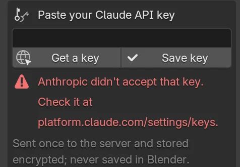 The same box after a mistyped key, with the message Anthropic didn't accept that key. Check it at platform.claude.com/settings/keys.