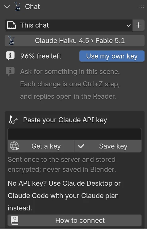 The Chat panel with the key box open: a password field, Get a key and Save key buttons, a note that the key is sent once to the server and stored encrypted, never saved in Blender, and a How to connect button for using Claude Desktop or Claude Code instead.