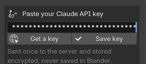 The key box with a key pasted into the field, shown only as a row of asterisks, above the Get a key and Save key buttons.