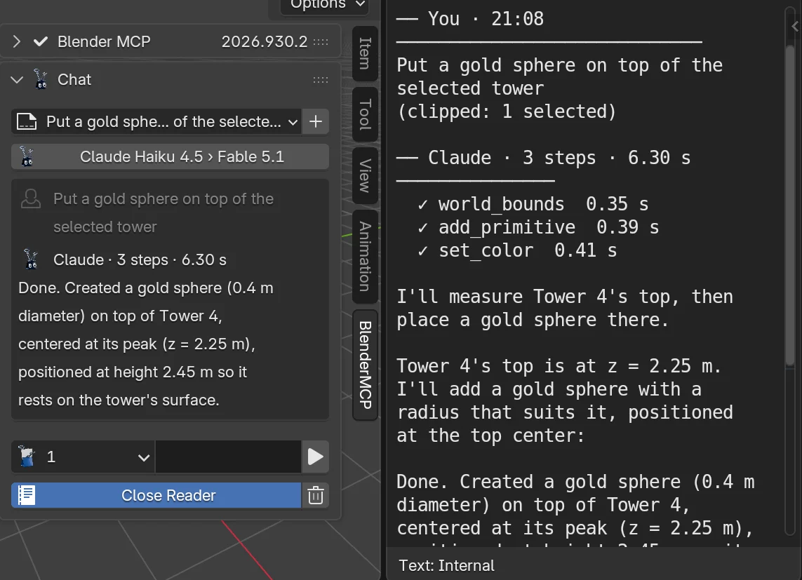 The Chat panel beside the Reader, a Text Editor showing the conversation: the request with '(clipped: 1 selected)', the reply header, three tool steps with their times, and the reply text.