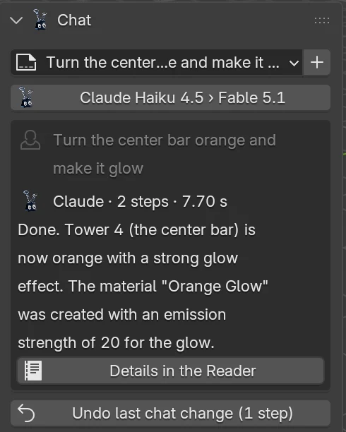 A finished reply headed 'Claude, 2 steps, 7.70 seconds', a Details in the Reader button, and Undo last chat change (1 step).