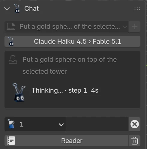 The Chat panel mid-turn: the request 'Put a gold sphere on top of the selected tower', B. Clip showing 'Thinking, step 1, 4 seconds', and the input row showing one object clipped.