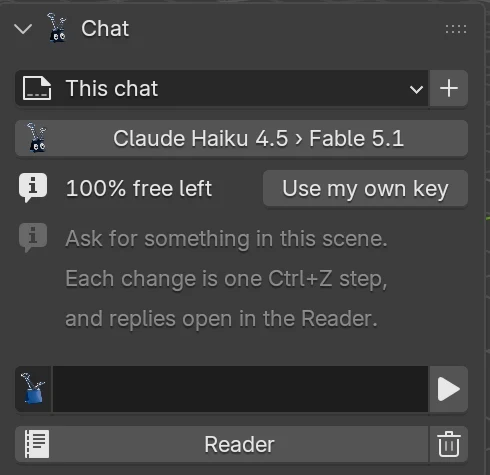 The Chat panel on a new account: the model button reading Claude Haiku 4.5 › Fable 5.1, a row reading 100% free left with a Use my own key button, a hint about asking for something in the scene, and the message field.