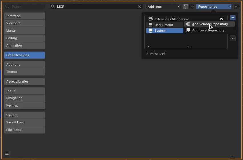 The plus menu open, showing Add Remote Repository and Add Local Repository.