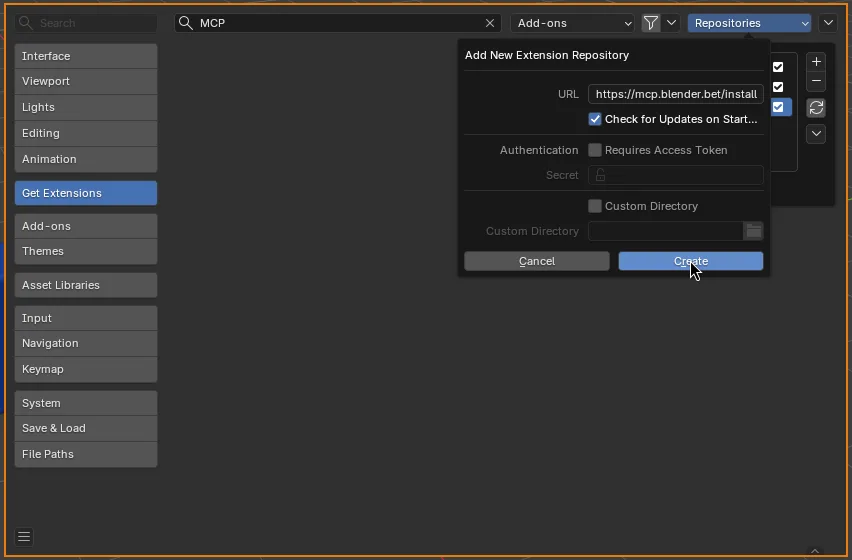 The Add New Extension Repository dialog with https://mcp.blender.bet/install in the URL field.
