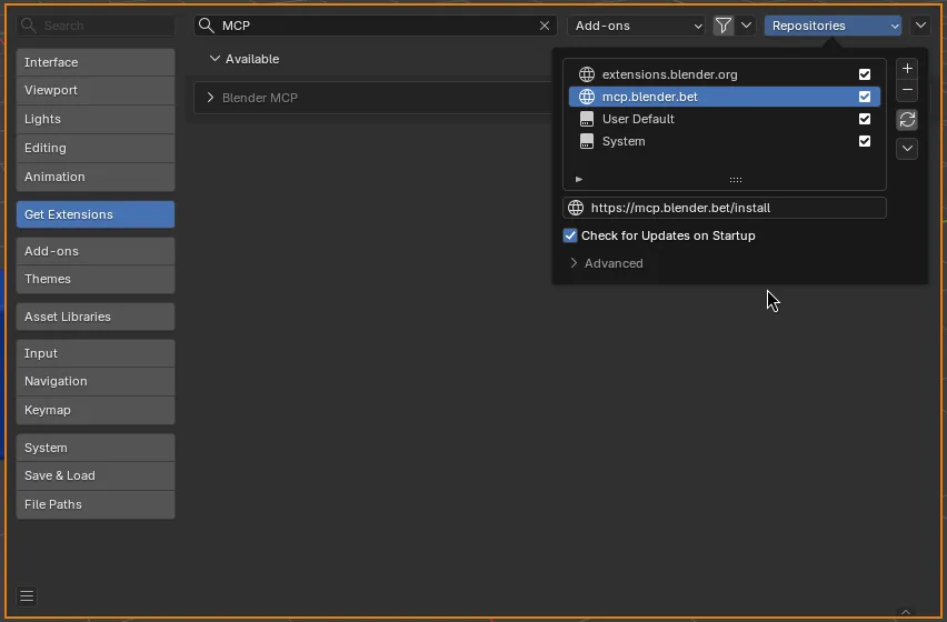 The repository list now includes mcp.blender.bet, and Blender MCP is listed under Available.