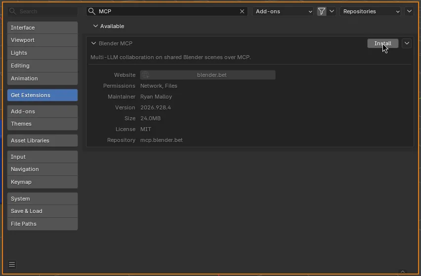 The Blender MCP entry expanded, showing version, size, permissions and an Install button.