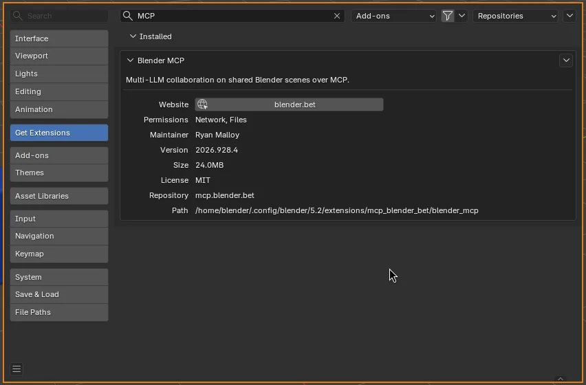 Blender MCP listed under Installed, with its install path.