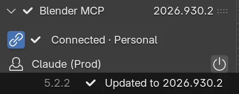 The panel header now reads 2026.930.2 and Connected, Personal, and Blender's status bar says Updated to 2026.930.2.