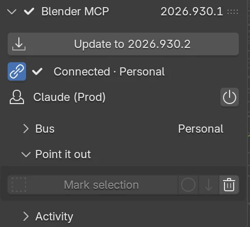 The BlenderMCP panel at version 2026.930.1 with an Update to 2026.930.2 button above the connection status.